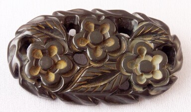 BP32 black bakelite flower carved oval pin